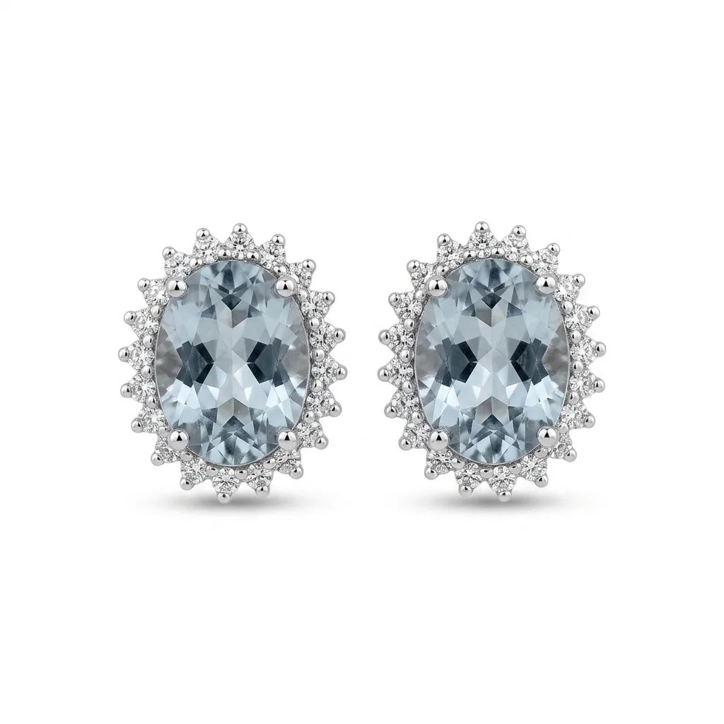 Oval Halo Aquamarine & Diamond Stud Earrings in 18ct White Gold