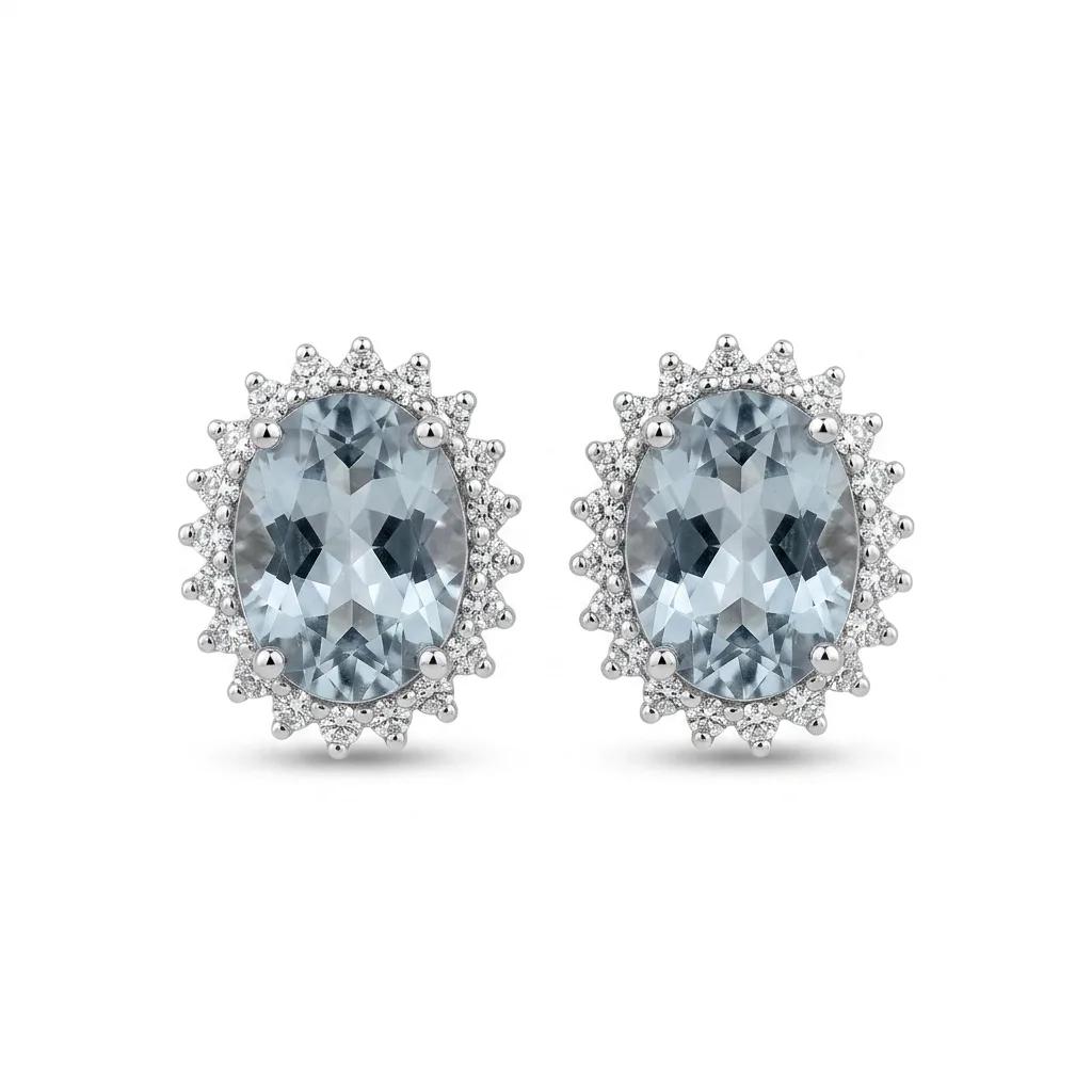 Oval Halo Aquamarine & Diamond Stud Earrings in 18ct White Gold