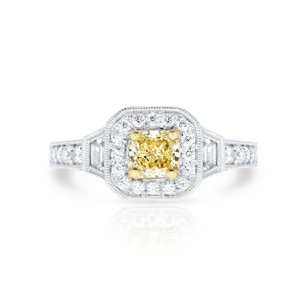 Cushion & Fancy Yellow Diamond Ring in 18ct Two Tone Gold, Round & Trap, Milgrain