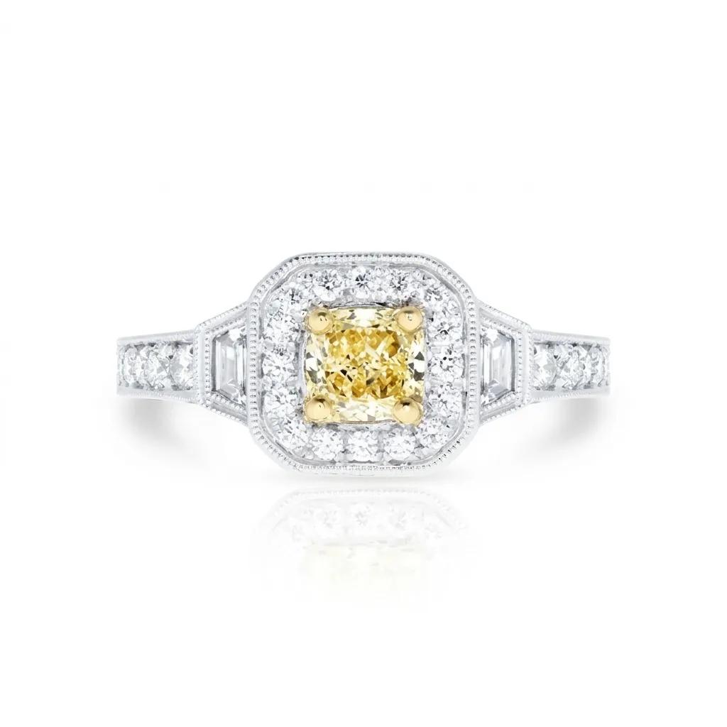 Cushion & Fancy Yellow Diamond Ring in 18ct Two Tone Gold, Round & Trap, Milgrain