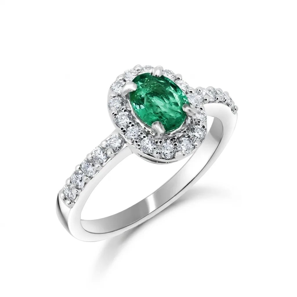 Oval Halo Emerald & Diamond Engagement Ring in 18ct White Gold