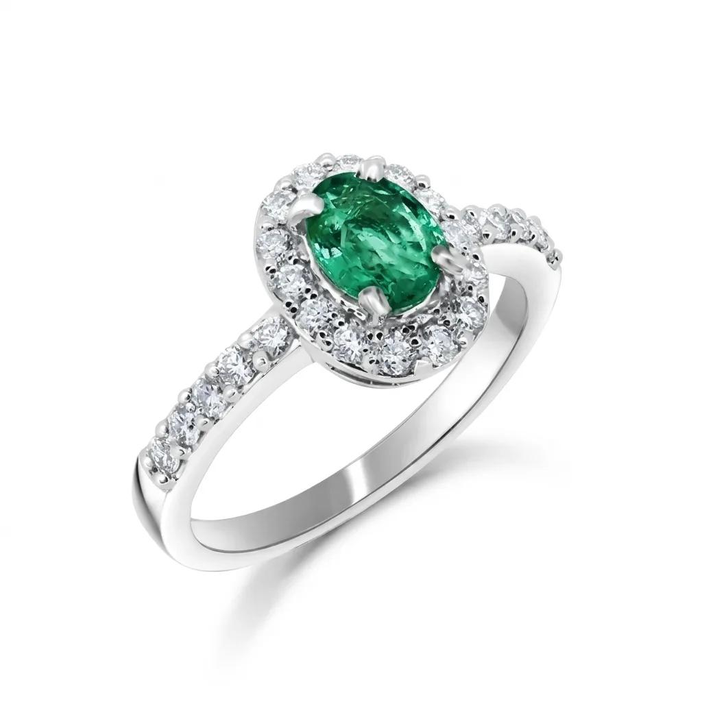 Oval Halo Emerald & Diamond Engagement Ring in 18ct White Gold