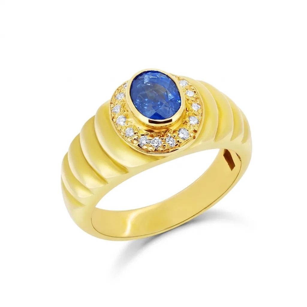 Oval Ceylon Halo Stepped Engagement Ring in 18ct Yellow Gold