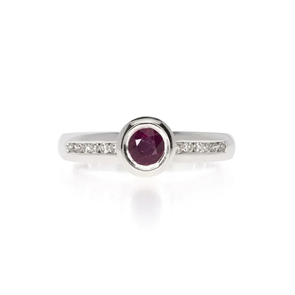 Round Bezel Set Ruby & Channel Set Diamond Ring in 18ct White Gold