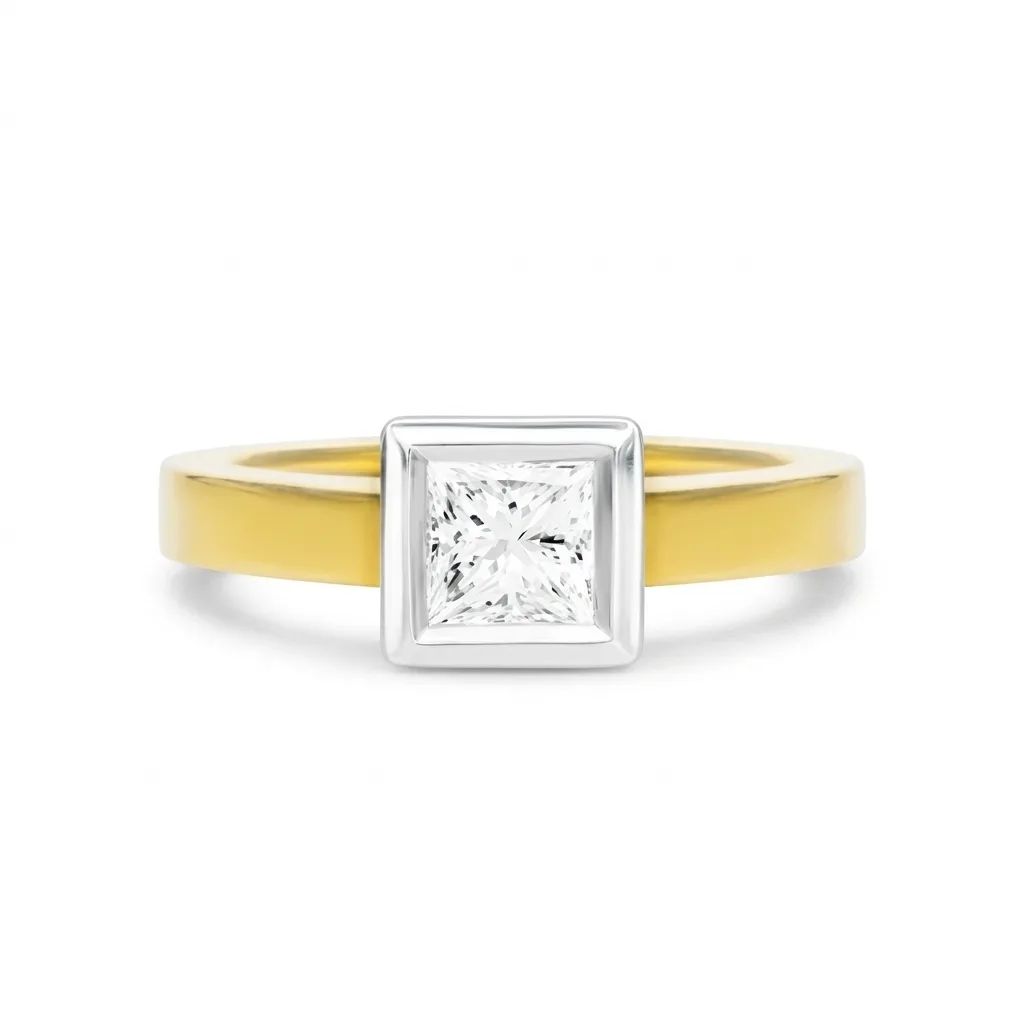 Princess Cut Bezel Set Ring in 18ct Two Tone Gold, XGNO