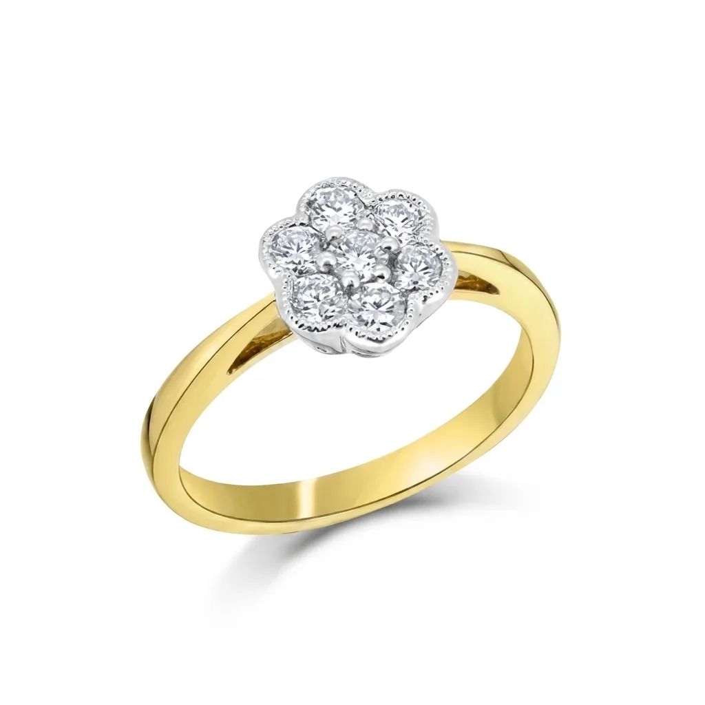 Daisy Flower Round Brilliant Diamond Milgrain Ring in 18ct Two Tone Gold