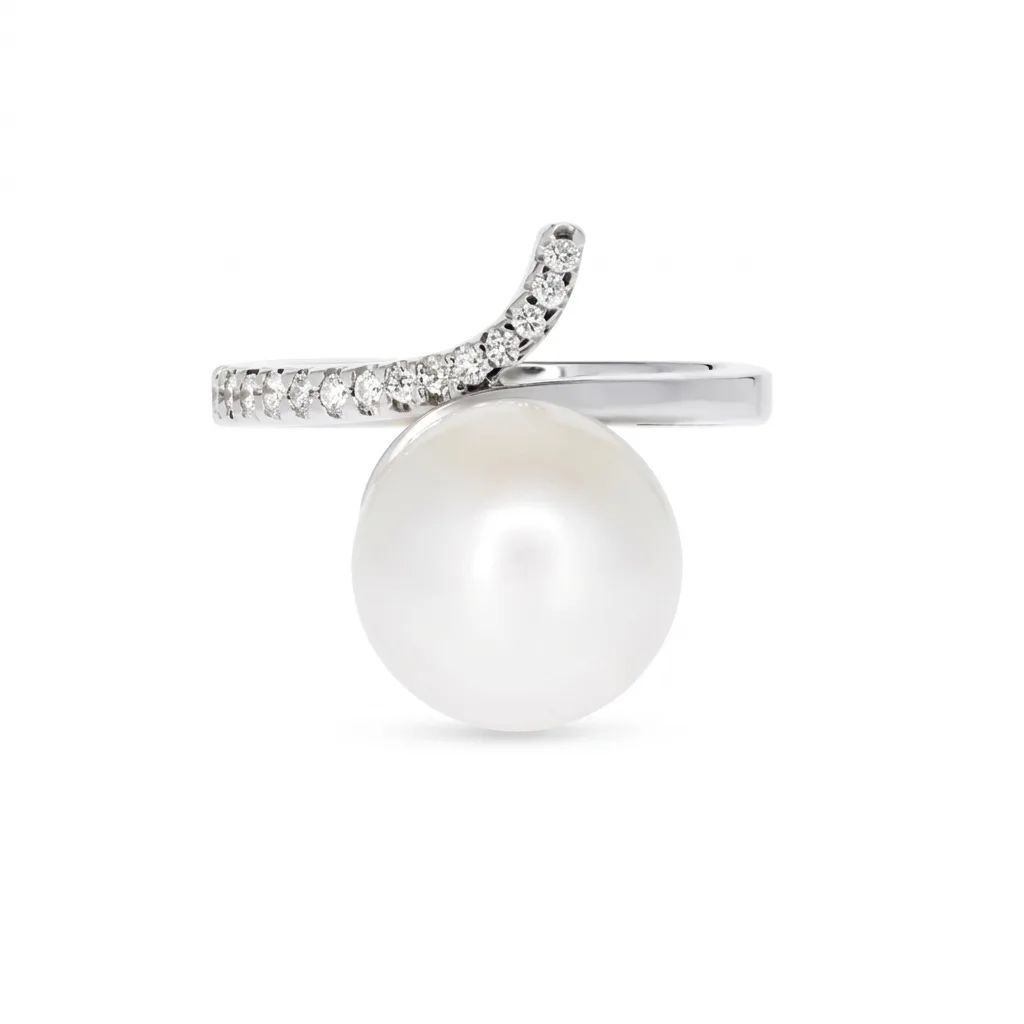 Broome Pearl & Diamond Ring in 18ct White Gold, End Flourish