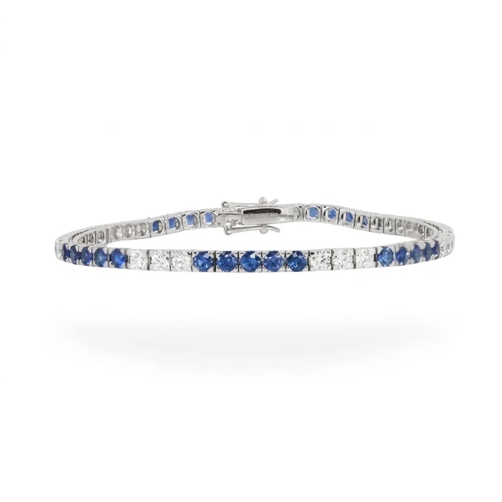 PY950 Tennis Bracelet in 9ct Gold with Ceylon Sapphire & Diamonds, 18cm