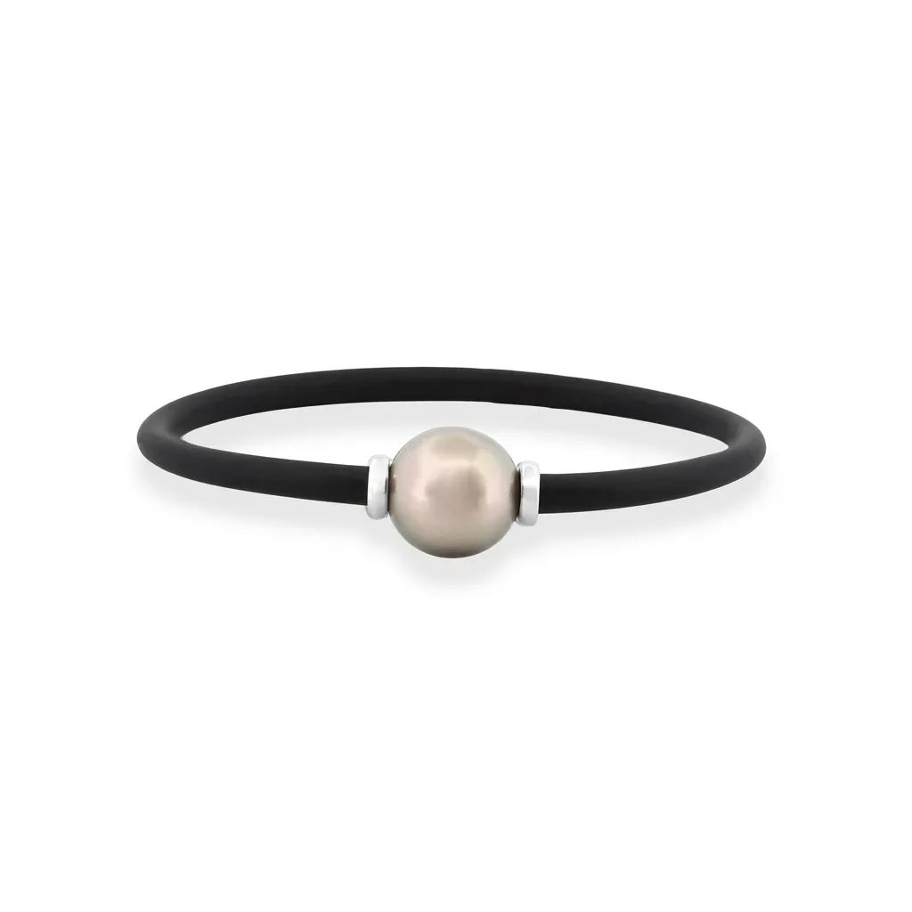 Neoprene Bracelet with Tahitian Pearl in sterling silver Light Green Lustre