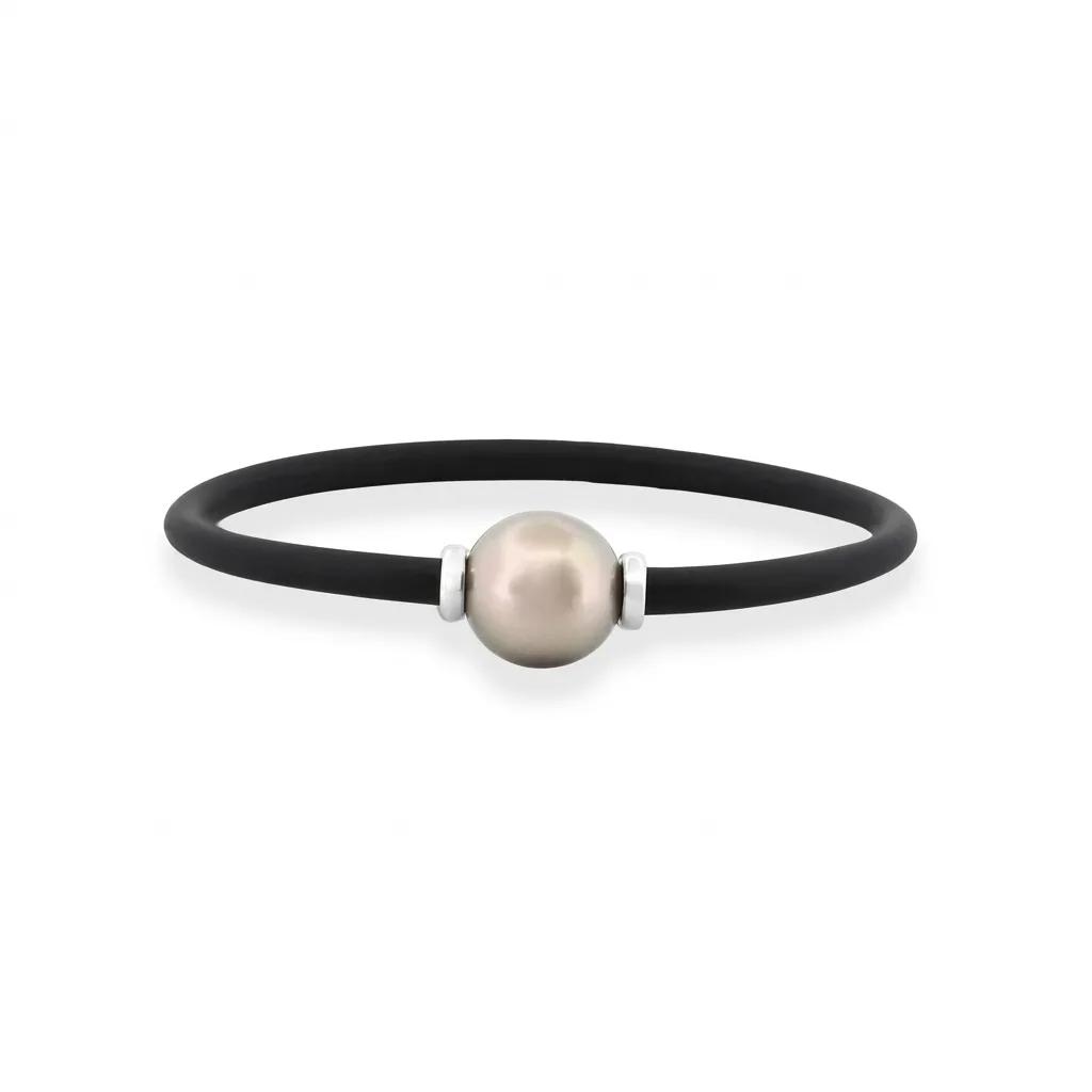 Neoprene Bracelet with Tahitian Pearl in sterling silver Light Green Lustre