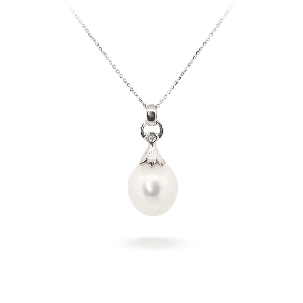 Flower Drop Pendant in 18ct White Gold with South Sea Pearl and Diamonds