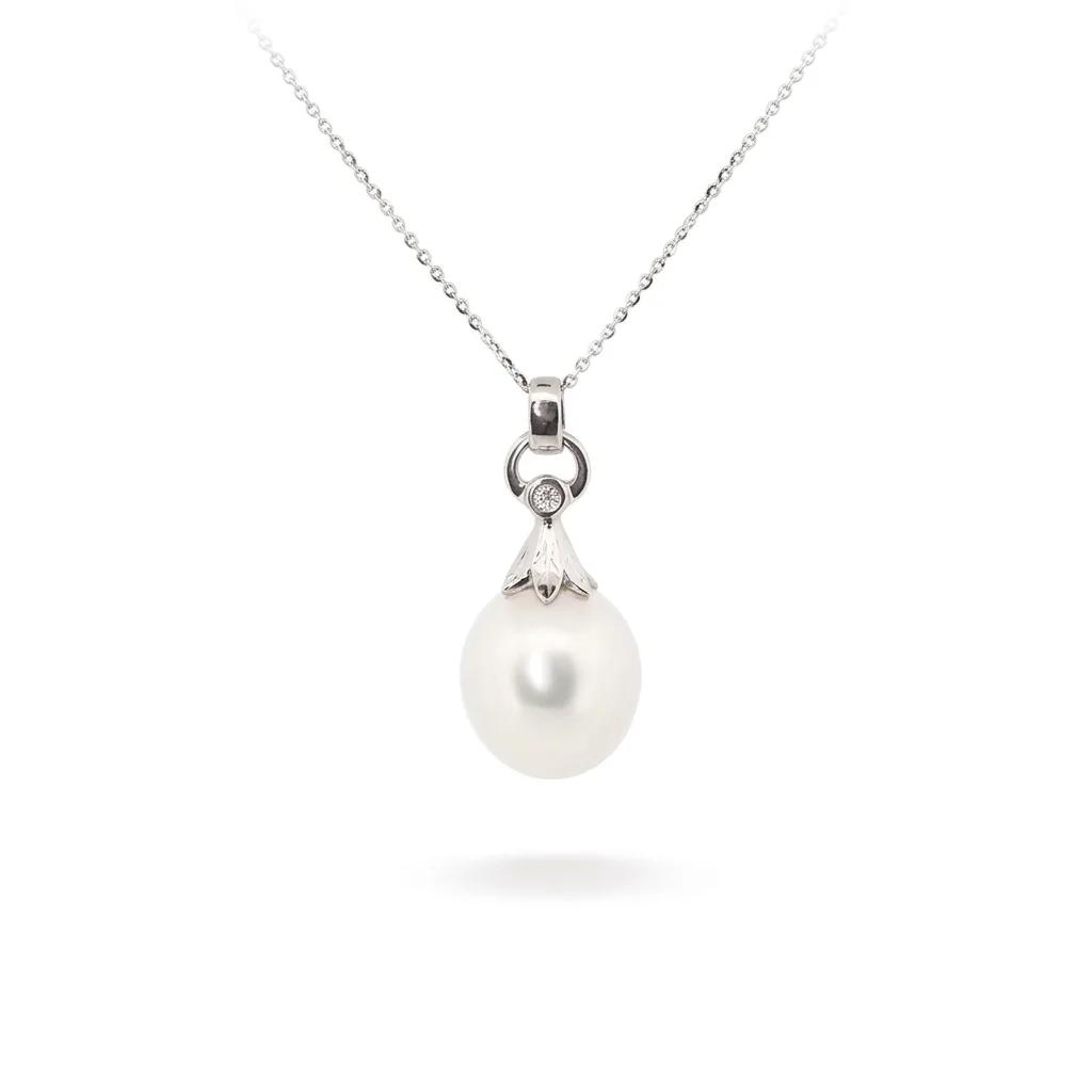 Flower Drop Pendant in 18ct White Gold with South Sea Pearl and Diamonds