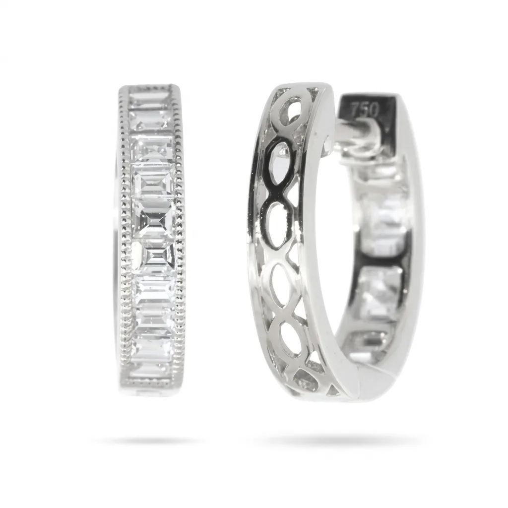Huggie Earrings with Carved Clip and Baguette Diamonds in 18ct White Gold