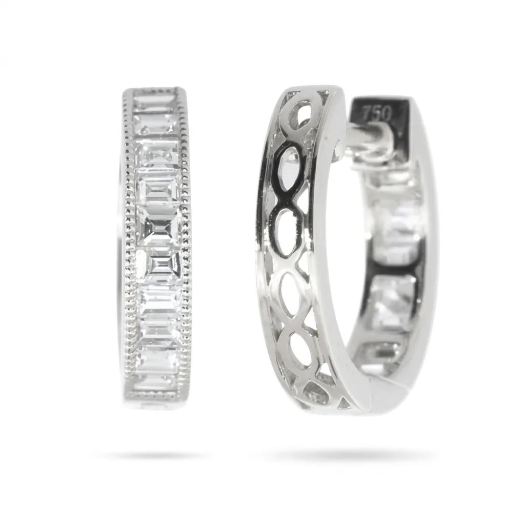 Huggie Earrings with Carved Clip and Baguette Diamonds in 18ct White Gold