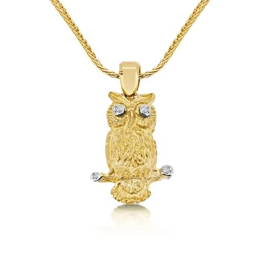 Owl Sculpture Pendant in 18ct Yellow Gold with Diamonds