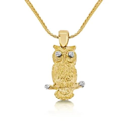 Owl Sculpture Pendant in 18ct Yellow Gold with Diamonds