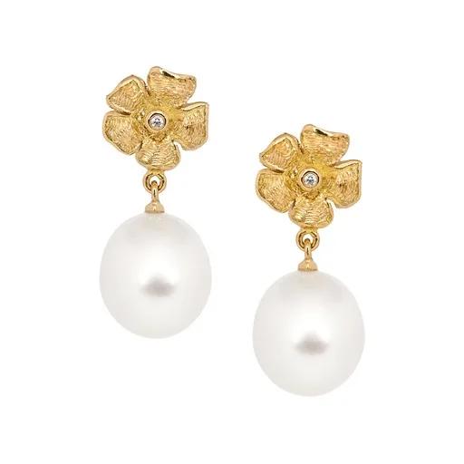 Sculpture Flower Drop Earrings in 18ct Yellow Gold, Broome Pearl