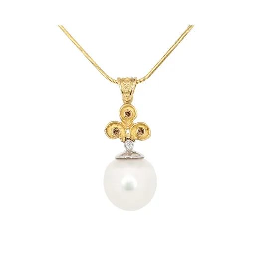 Fleur De Lis Sculpture Pendant in 18ct Two Tone Gold, Broome Pearl & Diamond