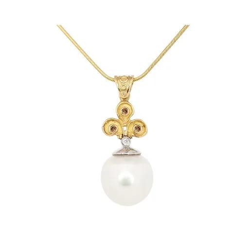 Fleur De Lis Sculpture Pendant in 18ct Two Tone Gold, Broome Pearl & Diamond