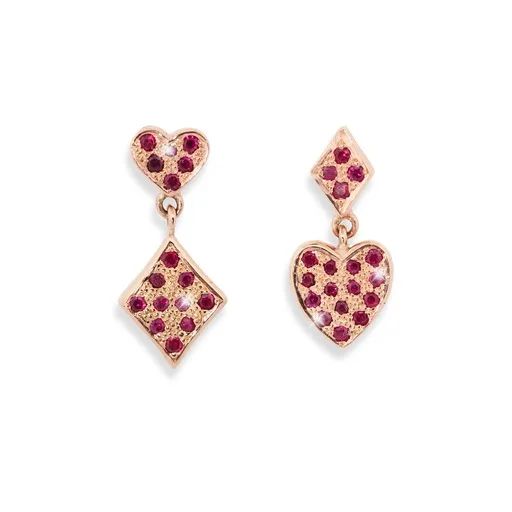 Ace Heart & Ruby & Diamond Stud Drop Earrings in 18ct Rose Gold