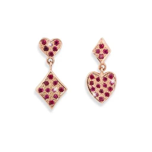 Ace Heart & Ruby & Diamond Stud Drop Earrings in 18ct Rose Gold