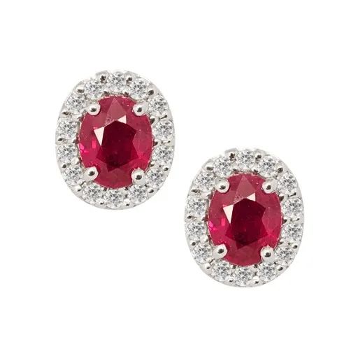 Ruby & Diamond Halo Studs in 18k White Gold
