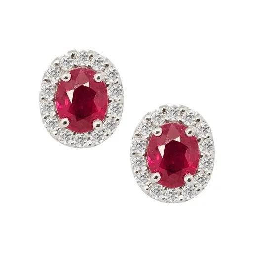 Ruby & Diamond Halo Studs in 18k White Gold