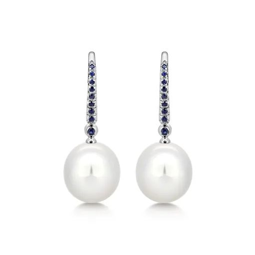 Oval Drop Earrings in 18ct White Gold with Sapphire, Broome Pearl & Diamonds
