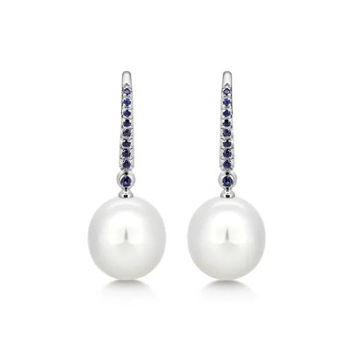 Oval Drop Earrings in 18ct White Gold with Sapphire, Broome Pearl & Diamonds