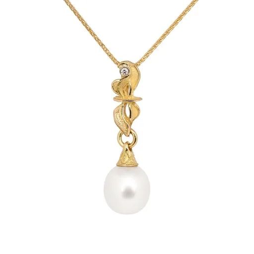 Sculpture Swirl Drop Pendant in 18ct Yellow Gold, Oval Broome Pearl