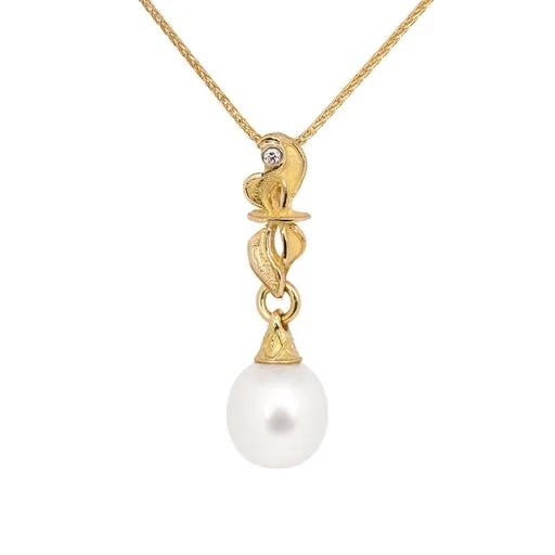 Sculpture Swirl Drop Pendant in 18ct Yellow Gold, Oval Broome Pearl