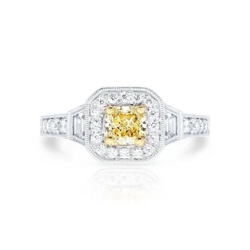 Cushion & Fancy Yellow Diamond Ring in 18ct Two Tone Gold, Round & Trap, Milgrain