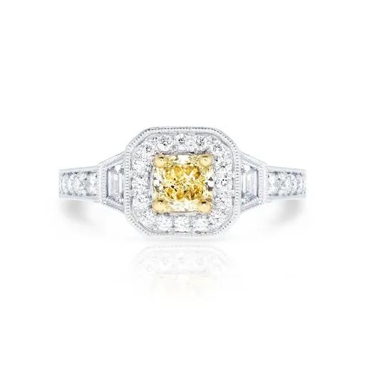Cushion & Fancy Yellow Diamond Ring in 18ct Two Tone Gold, Round & Trap, Milgrain