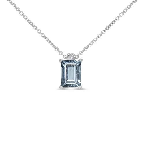 Emerald Cut Aqua & Diamond Pendant in 18ct White Gold