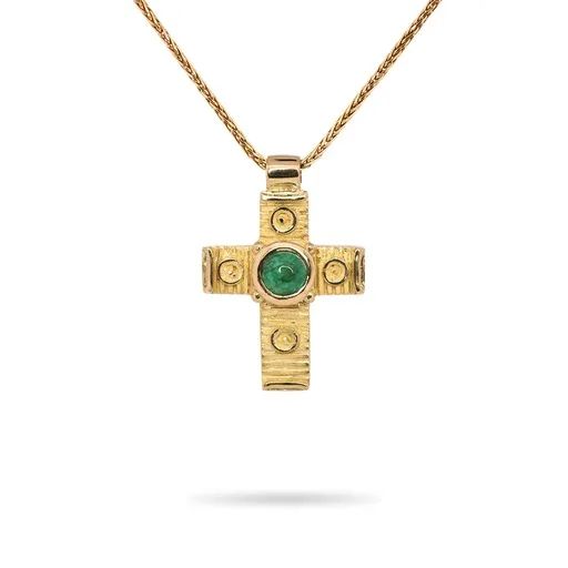 Sculpture Cross Pendant in 18ct Yellow Gold with Emerald