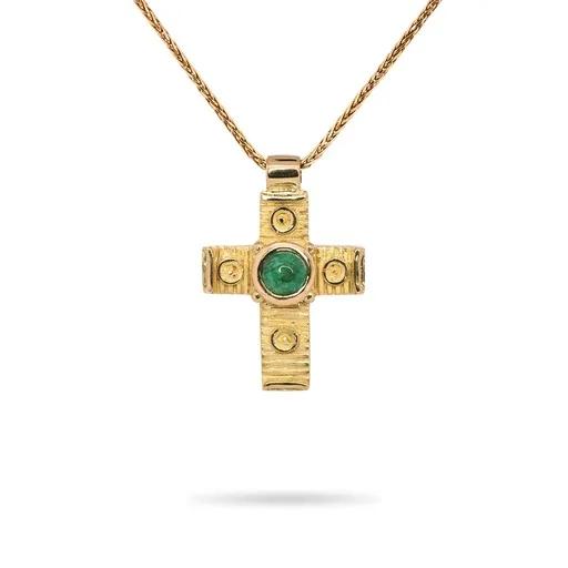 Sculpture Cross Pendant in 18ct Yellow Gold with Emerald