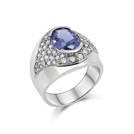Oval Tanzanite & Pave Diamond Wedding Band in 18ct White Gold