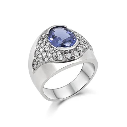 Oval Tanzanite & Pave Diamond Wedding Band in 18ct White Gold