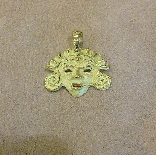 Sculpture Aztec Mask Pendant in 18ct Yellow Gold