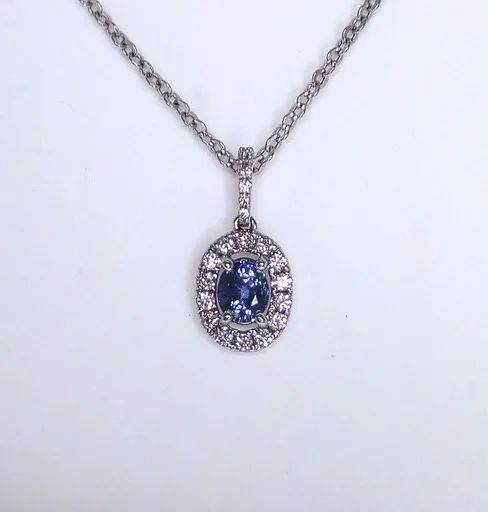 Halo, Bale, Oval Pendant in 18ct White Gold with Sapphire & Diamonds