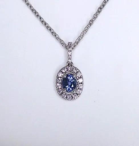 Halo, Bale, Oval Pendant in 18ct White Gold with Sapphire & Diamonds