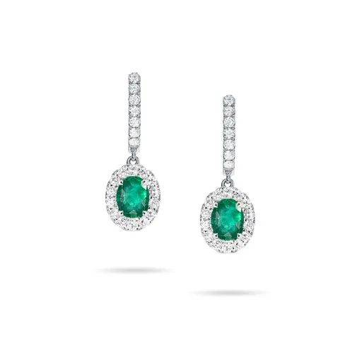 Oval Emerald & Diamond Drop Huggie Earrings in 950 Platinum