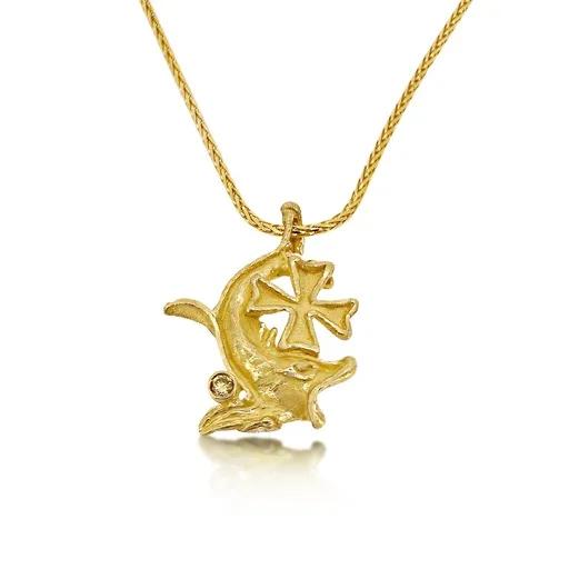 Fish & Cross Cognac Diamond Pendant in 18ct Yellow Gold