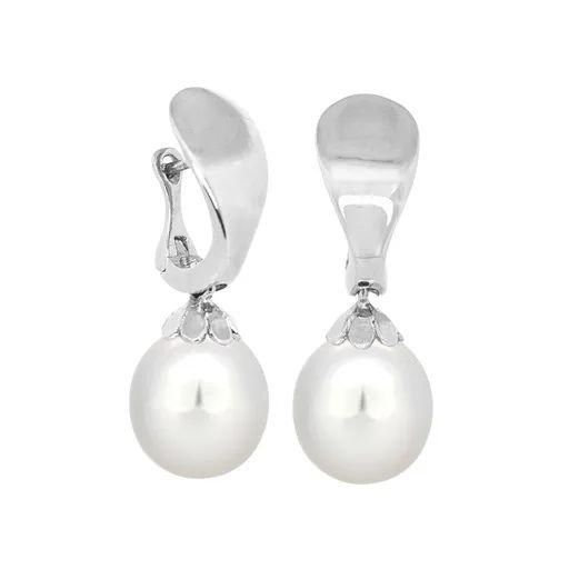 Broome Pearl & Diamond Drop Huggie Earrings in 18ct White Gold, Floral Cups