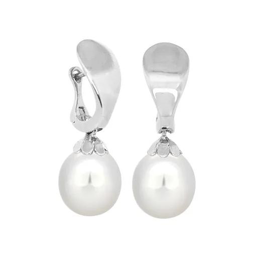 Broome Pearl & Diamond Drop Huggie Earrings in 18ct White Gold, Floral Cups