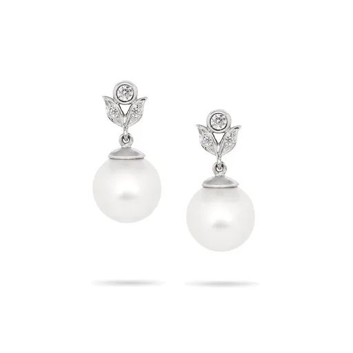 Leaf Drop Pearl Earrings in 18ct White Gold