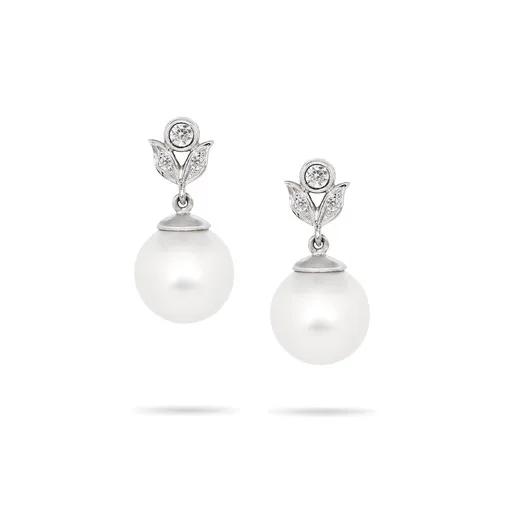 Leaf Drop Pearl Earrings in 18ct White Gold