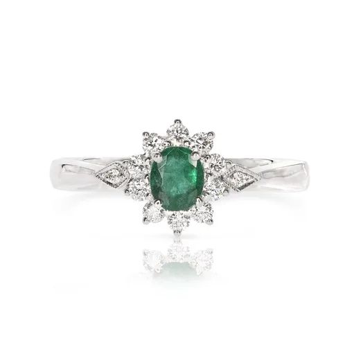 Oval Emerald & Diamond Cluster Ring in 950 Platinum, Milgrain Claw Setting