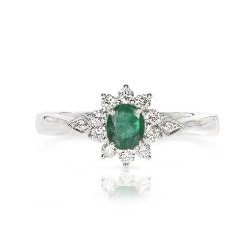 Oval Emerald & Diamond Cluster Ring in 950 Platinum, Milgrain Claw Setting