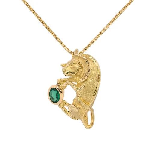 Zodiac Sculpture Pendant in 18ct Yellow Gold, Taurus & Emerald